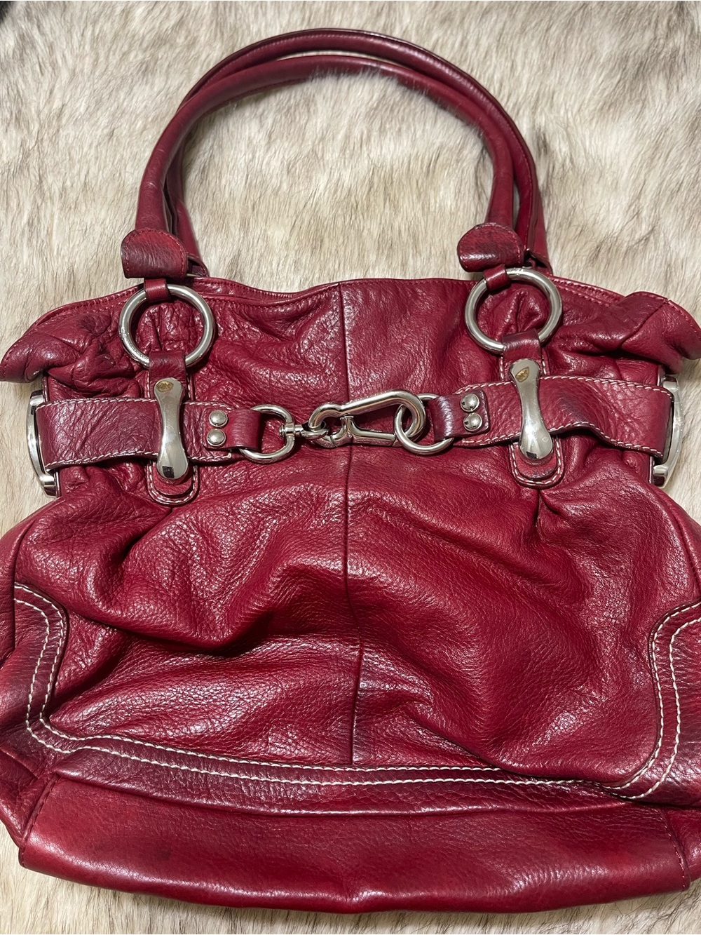 b. makowsky Red Leather Shoulder Tote with Bridle Hardware